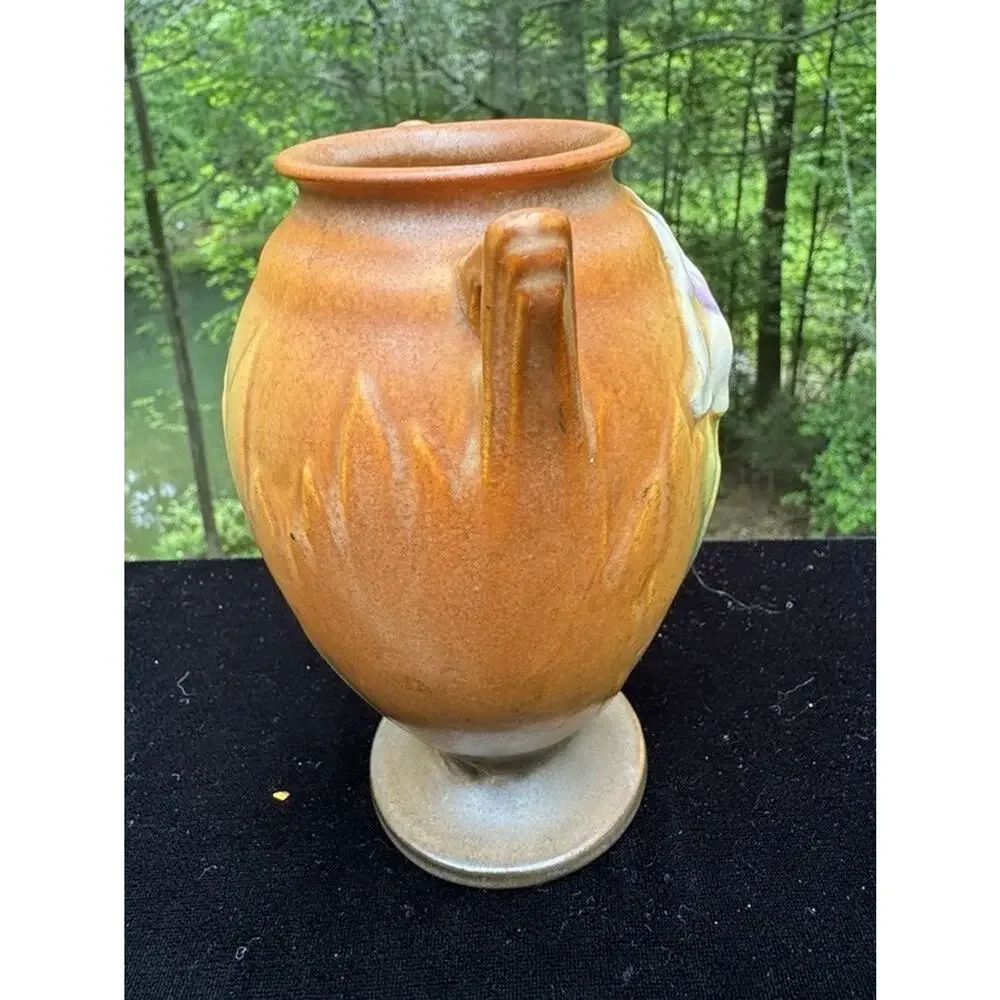 Lovely Vintage 1950’s Roseville Pink Iris Pattern Orange Ceramic Vase -A72
